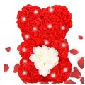Rožių meškiukas 30 cm. (Balta širdelė su LED) dovanų dėžutėje