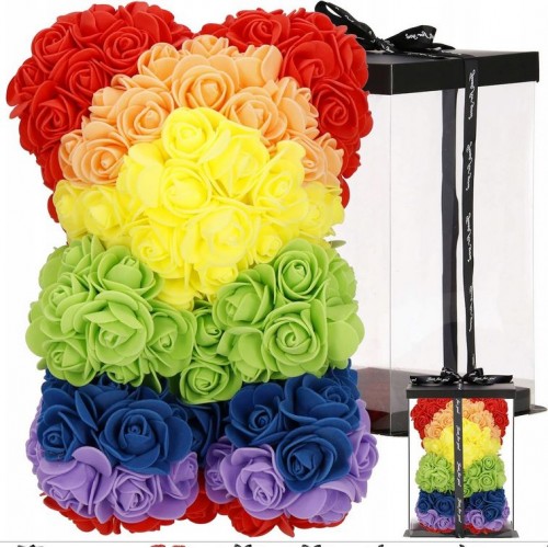 Rožių meškiukas 30 cm. (Įvairiaspalvis) dovanų dėžutėje