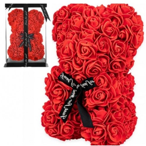 Rožių meškiukas 30 cm. (Raudonas) dovanų dėžutėje
