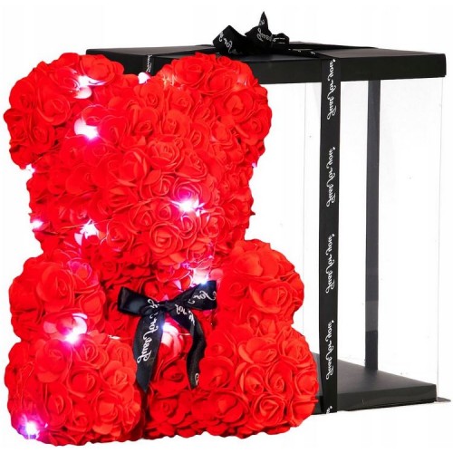 Rožių meškiukas 30 cm. (Raudonas su LED) dovanų dėžutėje