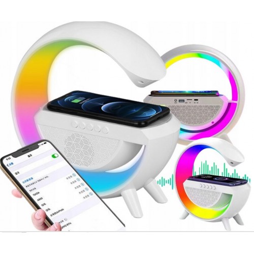 LED šviestuvas su belaidžiu telefono įkrovikliu, garso kalonėle