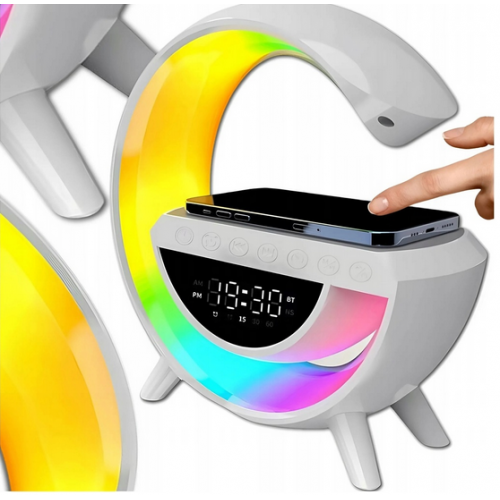 LED šviestuvas su belaidžiu telefono įkrovikliu, laikrodžiu,  garso kalonėle  02